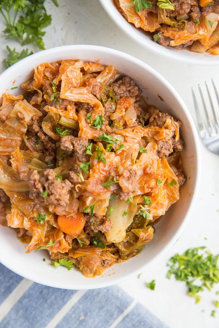 Easy One-Pot Unstuffed Cabbage Bowls with ground beef, onion, garlic, celery, tomato sauce, and more