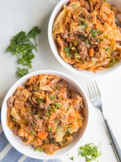 Unstuffed Cabbage Bowls - paleo, keto, whole30 dinner recipe with cabbage, ground beef, tomato sauce, onion, garlic and more! A delicious low-carb meal ideal that is perfect for meal prep!