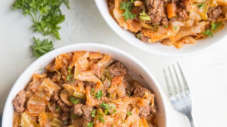 Unstuffed Cabbage Bowls - paleo, keto, whole30 dinner recipe with cabbage, ground beef, tomato sauce, onion, garlic and more! A delicious low-carb meal ideal that is perfect for meal prep!
