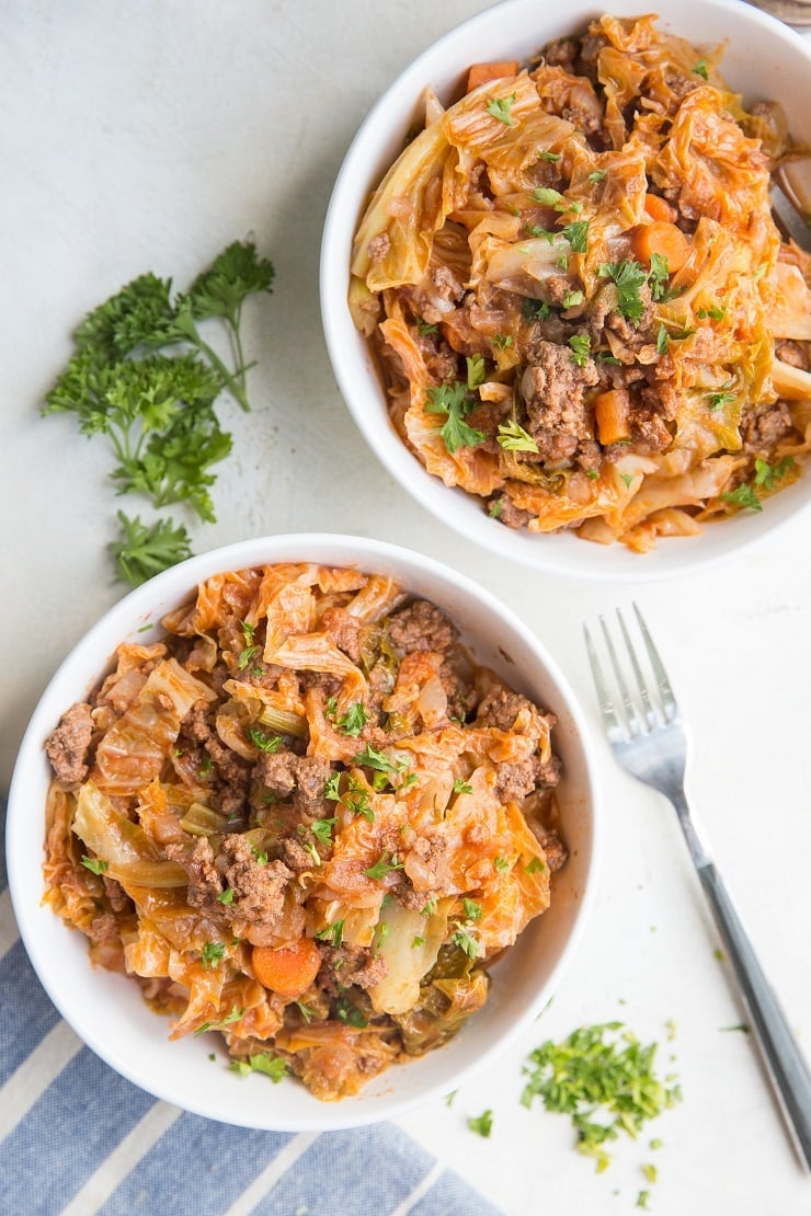 Unstuffed Cabbage Bowls - paleo, keto, whole30 dinner recipe with cabbage, ground beef, tomato sauce, onion, garlic and more! A delicious low-carb meal ideal that is perfect for meal prep!