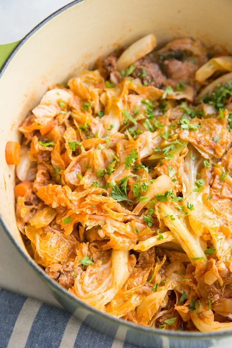 One-Pot Unstuffed Cabbage - deconstructed cabbage rolls with ground beef and tomato sauce, onions, celery, garlic and more