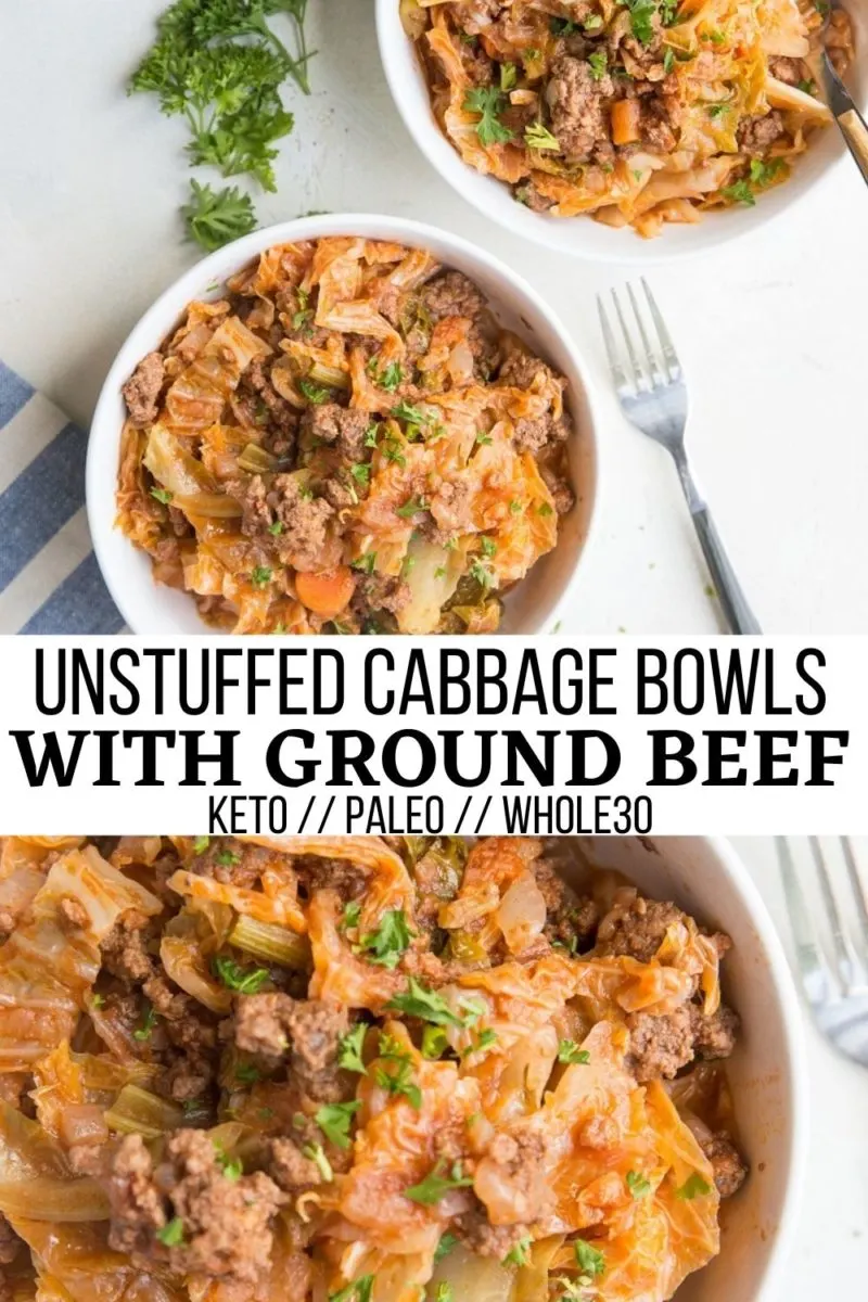 Unstuffed Cabbage Bowls made with ground beef, onions, tomato sauce, cabbage, and more! Paleo, keto, low-carb, whole30 healthy dinner recipe. Perfect for meal prep!