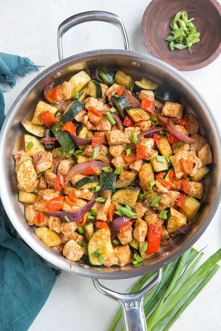 30-Minute Mexican Chicken and Zucchini Skillet couldn’t be any easier to make and results in a nutritious, tasty meal! Simply toss everything in one skillet, cook, and you’re in for a lovely lunch or dinner.