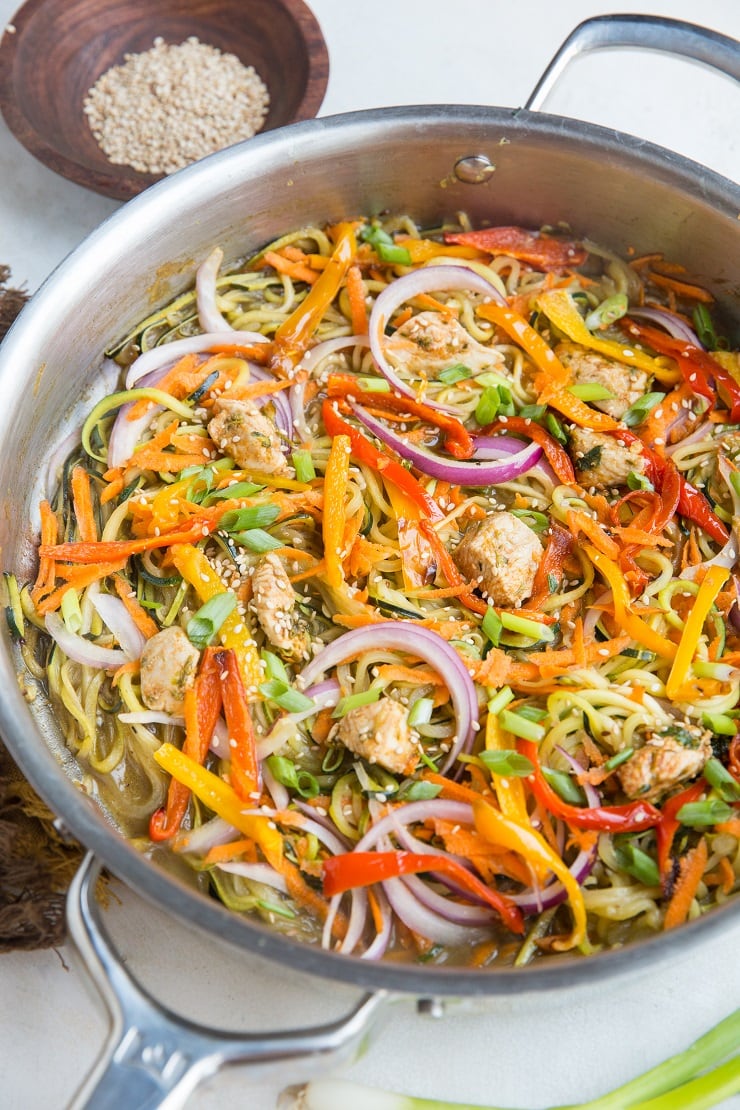 Quick and easy Chicken Chow Mein Zoodles - a keto and paleo version of Chow Mein with zucchini noodles. Soy-free, refined sugar-free, gluten-free and healthy!
