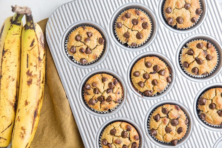 Finished tray of chocolate chip banana muffins