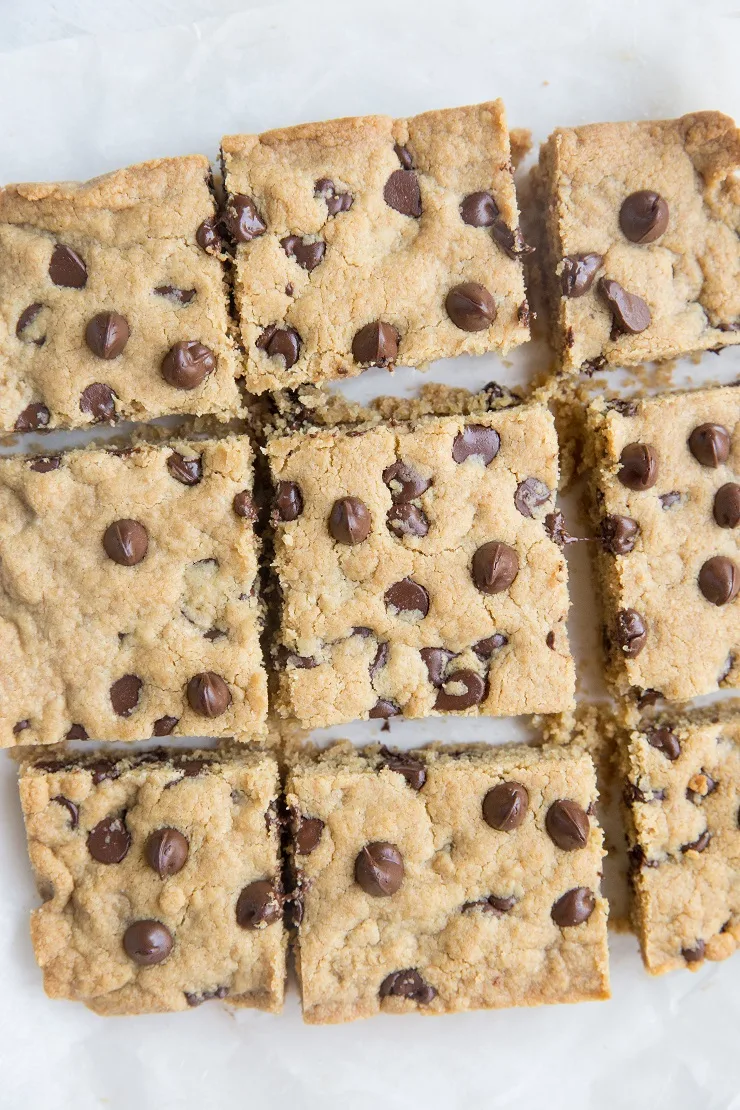 Flourless Tahini Chocolate Chip Cookie Bars - grain-free, dairy-free, refined sugar-free, paleo, and delicious!