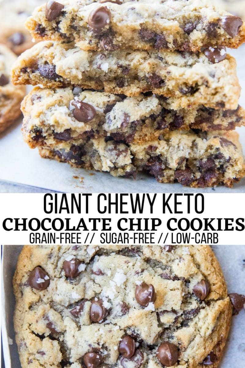 Giant Chewy Keto Chocolate Chip Cookies are here for those of us who believe in generously portioned, gooey to the max cookies! Grain-free, sugar-free, perfectly crispy with that amazing buttery molten chocolate inside, these are the BEST keto chocolate chip cookies!