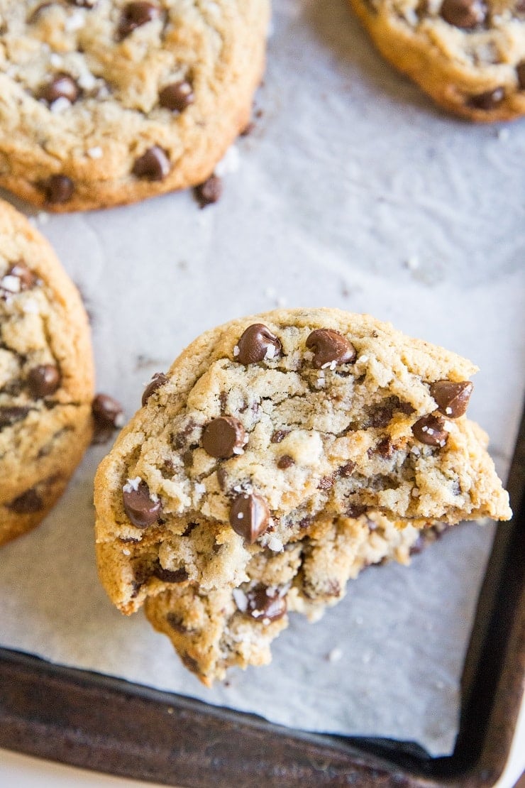 Soft and Chewy Giant Paleo Chocolate Chip Cookies made with almond flour - grain-free, gluten-free, amazing paleo chocolate chip cookies!