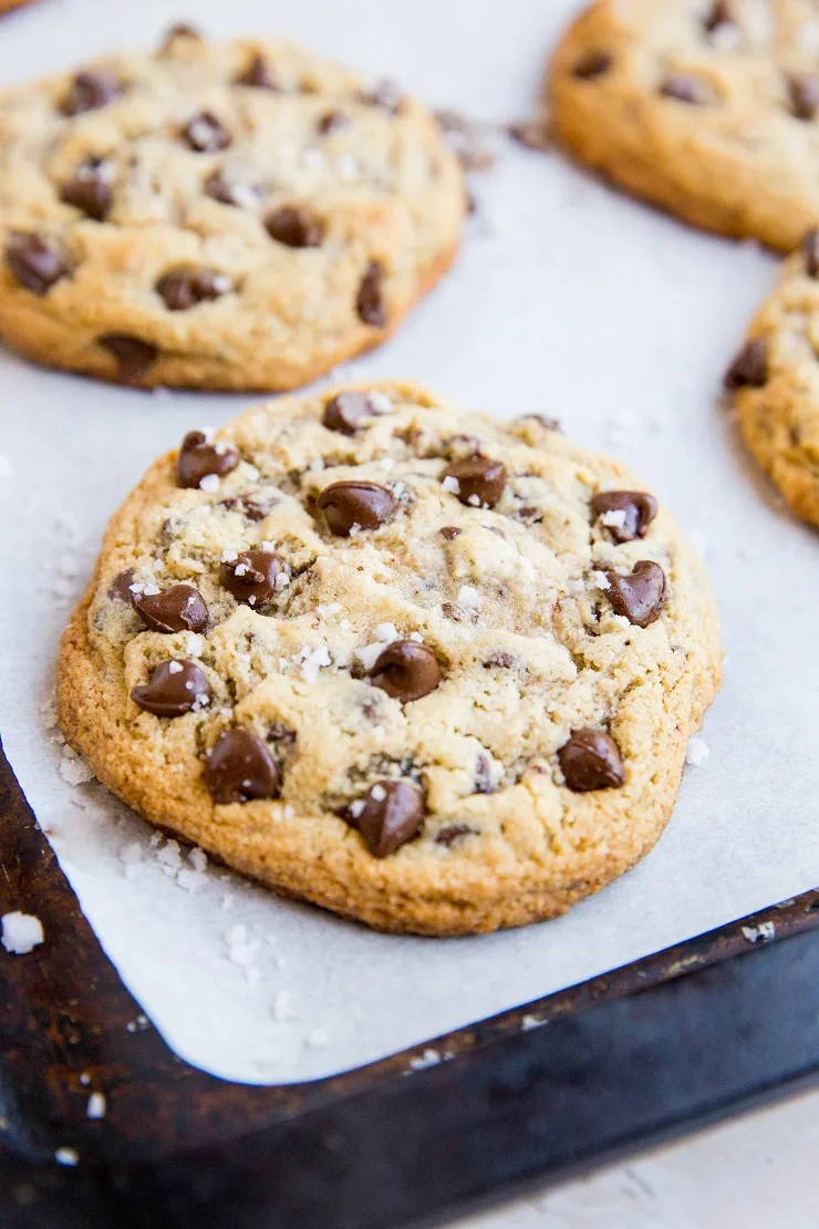 Paleo GIANT Chocolate Chip Cookies made with almond flour - grain-free, amazingly chewy, soft cookies with the perfect crisp on the outside.