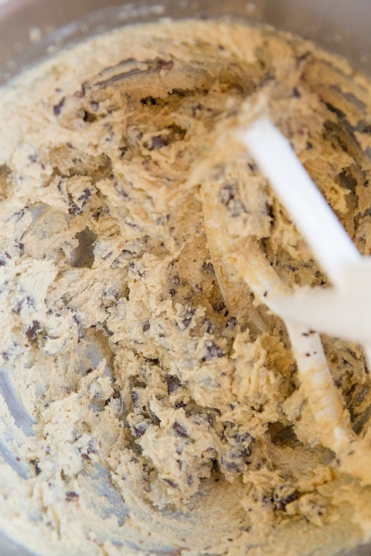 Paleo chocolate chip cookie dough in a stand mixer