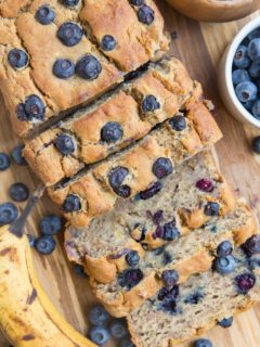 Gluten-Free Blueberry Banana Bread sweetened mostly with bananas! Refined sugar-free, dairy-free, moist, fluffy and delicious!