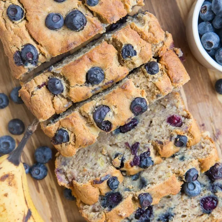 Gluten-Free Blueberry Banana Bread sweetened mostly with bananas! Refined sugar-free, dairy-free, moist, fluffy and delicious!