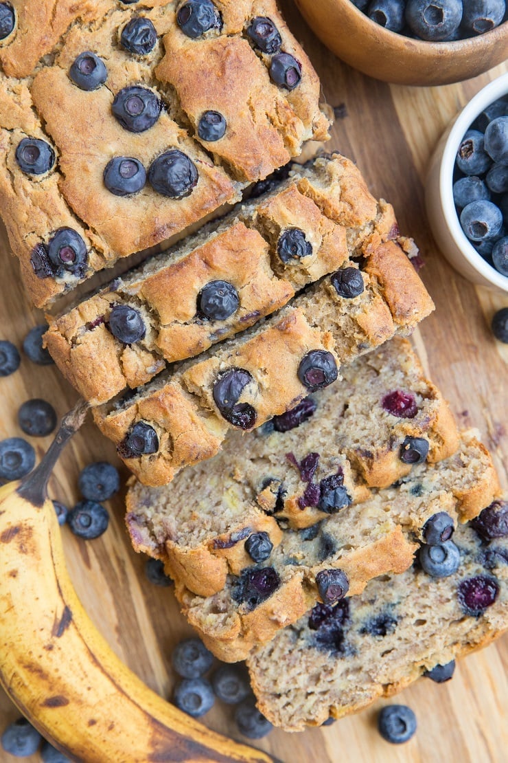 Gluten-Free Blueberry Banana Bread sweetened mostly with bananas! Refined sugar-free, dairy-free, moist, fluffy and delicious!