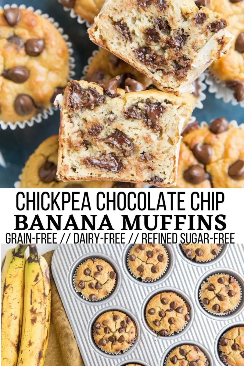 Chickpea Banana Muffins (Gluten-Free, Dairy-Free) - Flourless gluten-free Chocolate Chip Chickpea Banana Muffins are gluten-free, dairy-free, refined sugar-free and a lovely breakfast or snack! #glutenfree #grainfree #chickpeas #chickpeamuffins #bananamuffins #chocolate #breakfast #snack
