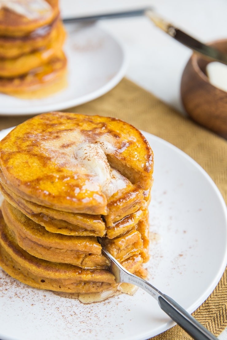 Fluffy, moist gluten-free flourless Protein Pumpkin Pancakes