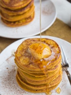Gluten-Free Flourless Protein Pumpkin Pancakes made dairy-free. Light, fluffy, amazing fall-inspired pancake recipe