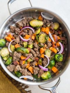 Ground Beef and Sweet Potato Skillet with Brussel Sprouts - a quick, easy, healthy on-skillet dinner recipe. Paleo, whole30, delicious.