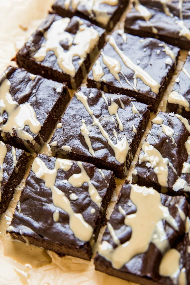 Healthy Flourless Tahini Brownies - grain-free, naturally sweetened, dairy-free, paleo, moist and fudgy super rich and sweetened with banana!