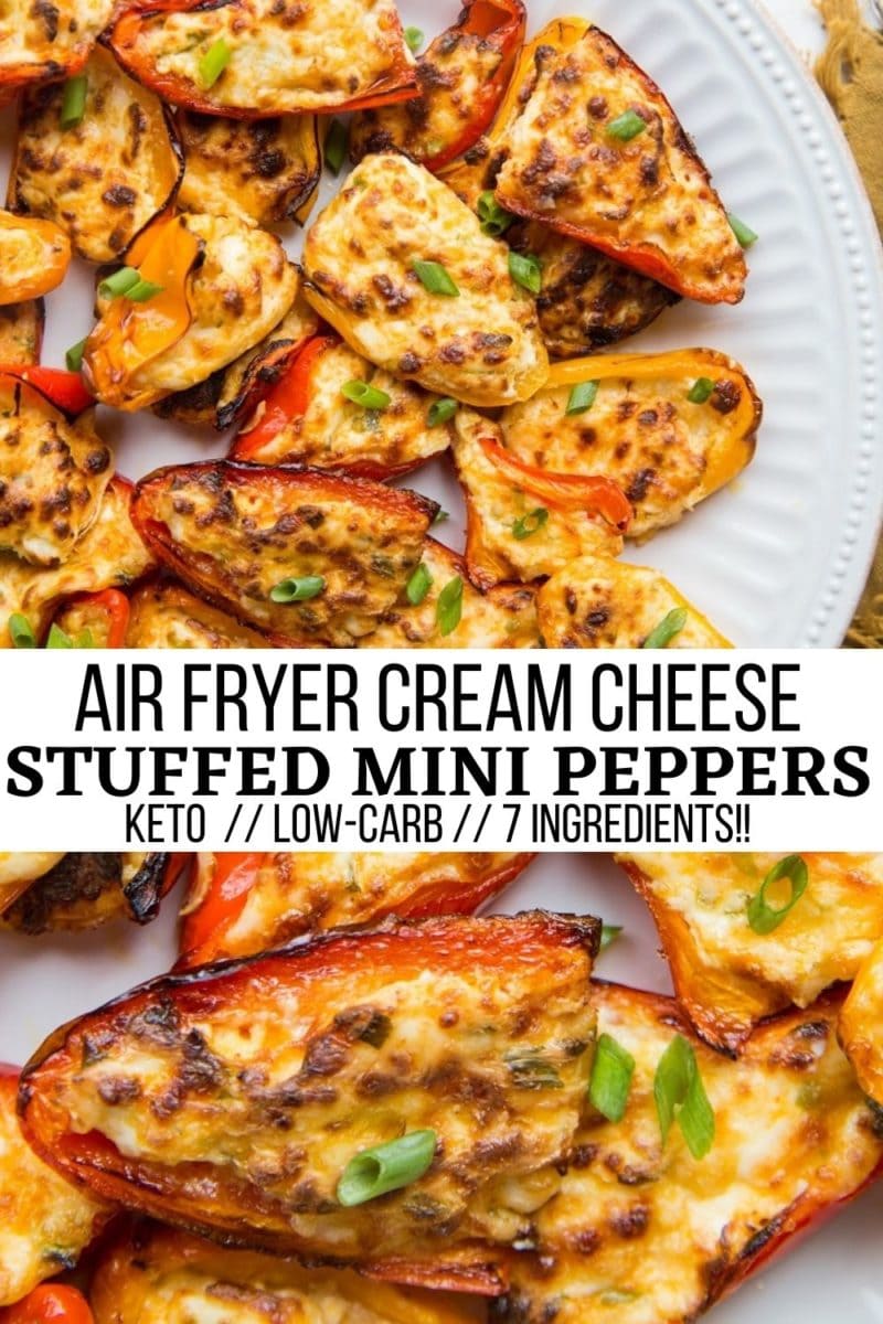 Air Fryer Cream Cheese Stuffed Mini Peppers - a quick and easy appetizer recipe that is an epic crowd-pleaser! Only 7 ingredients for this cheesy delight! Keto, low-carb, delicious.