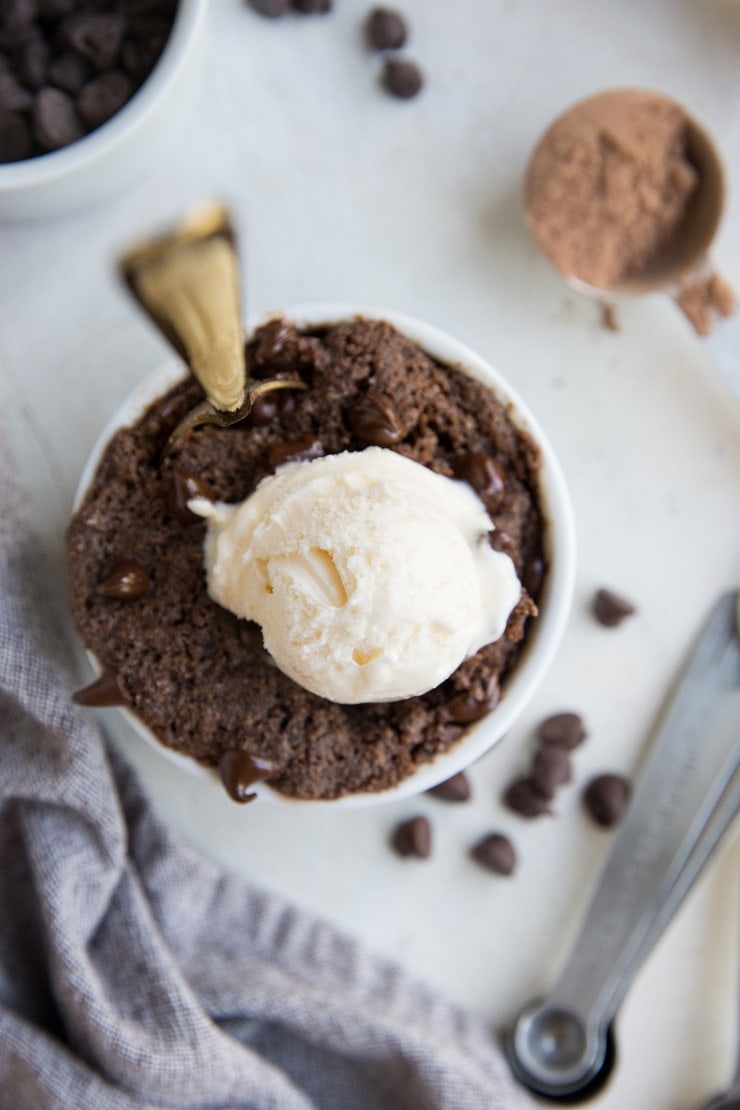 5-Minute Keto Chocolate Mug Cake made with almond flour and sugar-free sweetener for a low-carb chocolate cake recipe.