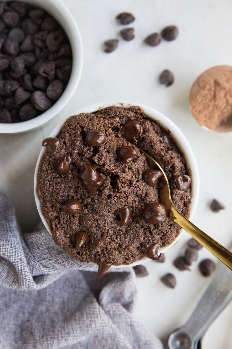 Keto Chocolate Mug Cake - grain-free made with almond flour, sugar-free, low-carb, rich and delicious! A healthy single-serve dessert recipe ready in 5 minutes.