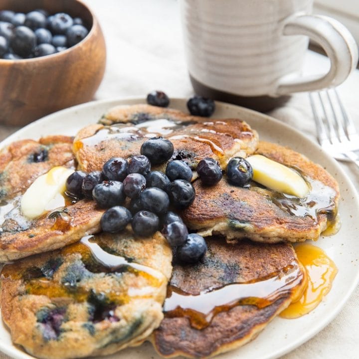 Paleo Blueberry Pancakes made with coconut flour. Low-carb, dairy-free and keto friendly! An easy, delicious breakfast recipe.