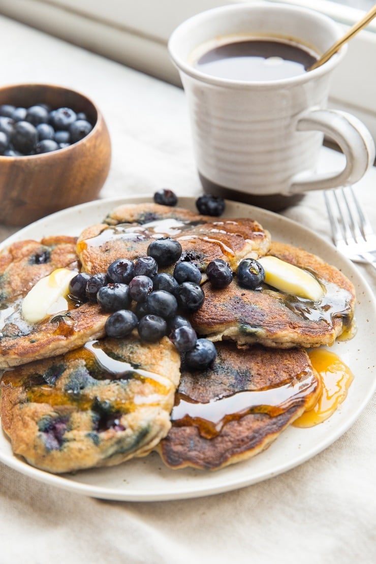 Paleo Blueberry Pancakes made with coconut flour. Low-carb, dairy-free and keto friendly! An easy, delicious breakfast recipe.