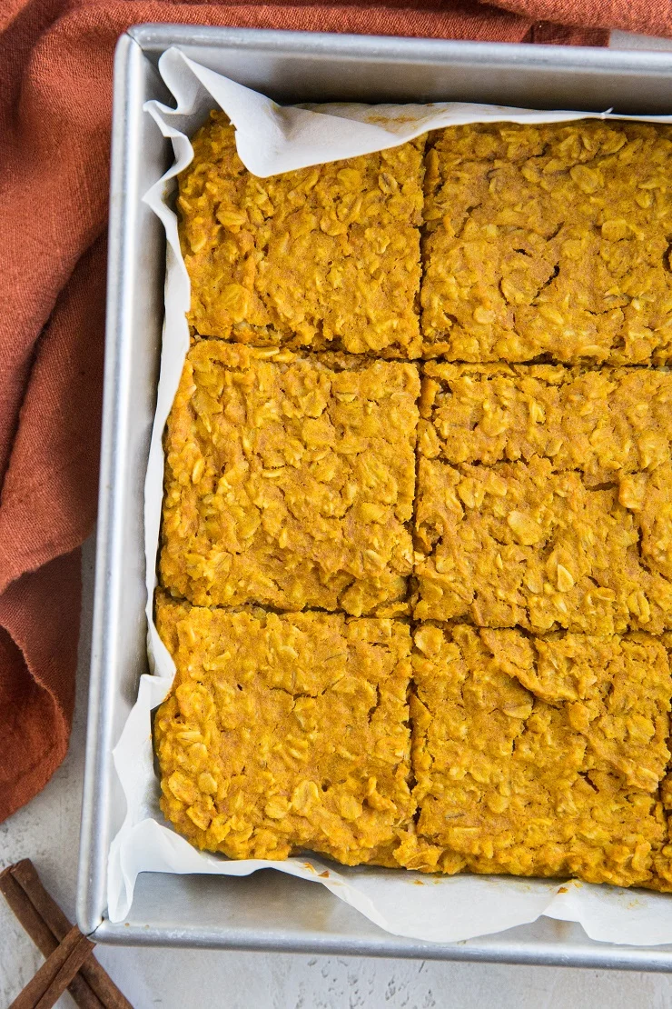 Finished Pumpkin Baked Oatmeal in a cake pan