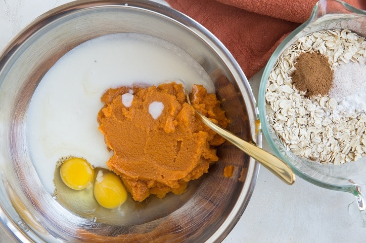 Whisk together the wet ingredients and stir together the dry ingredients.