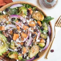 Nutritious superfood Roasted Sweet Potato and Brussel Sprouts Salad with cinnamon balsamic vinaigrette, avocado, dried cranberries, avocado, and more