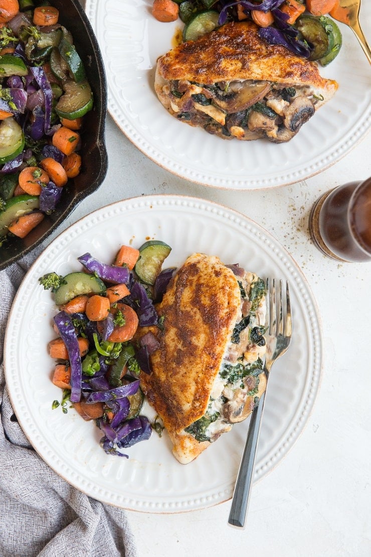 Easy Stuffed Chicken with mushrooms, spinach, onion and feta. A quick, easy healthy keto dinner recipe