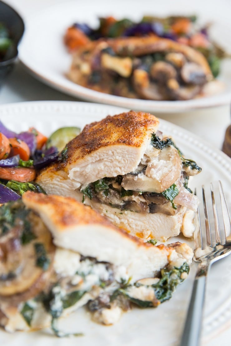 Quick and easy Stuffed Chicken Breast with mushrooms, spinach and feta. A delicious, healthy dinner recipe