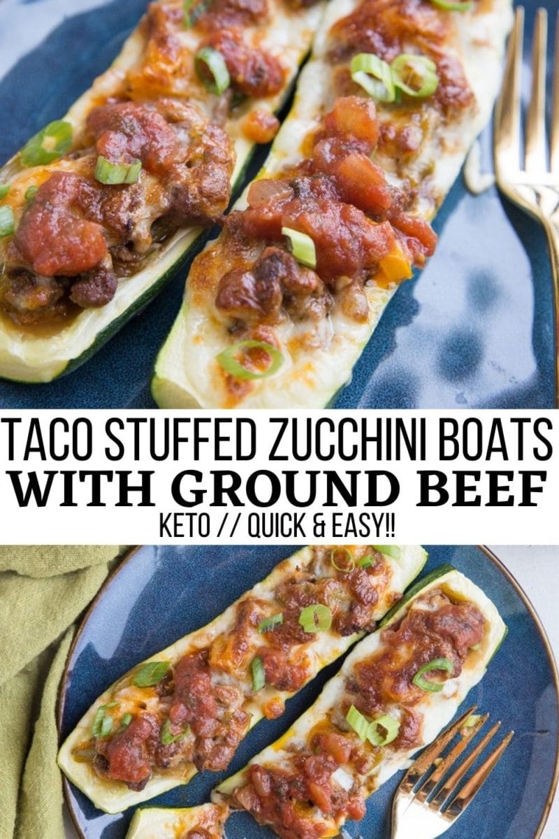 Taco Stuffed Zucchini with ground beef, onion, bell peppers, and more. Cheesy, low-carb, delicious!