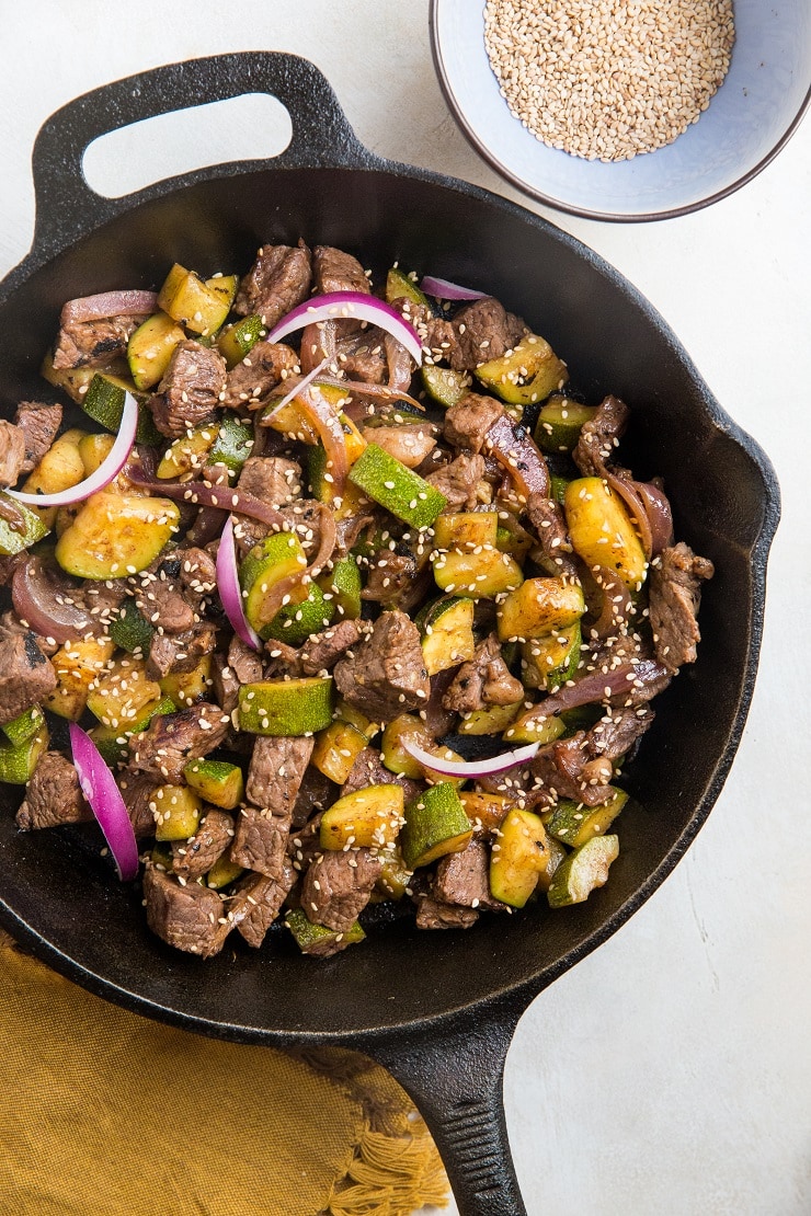 5-Ingredient 30-Minute Teriyaki Beef and Zucchini made in one skillet in 30 minutes or less! This healthy dinner recipe is loaded with flavor and so easy to make!