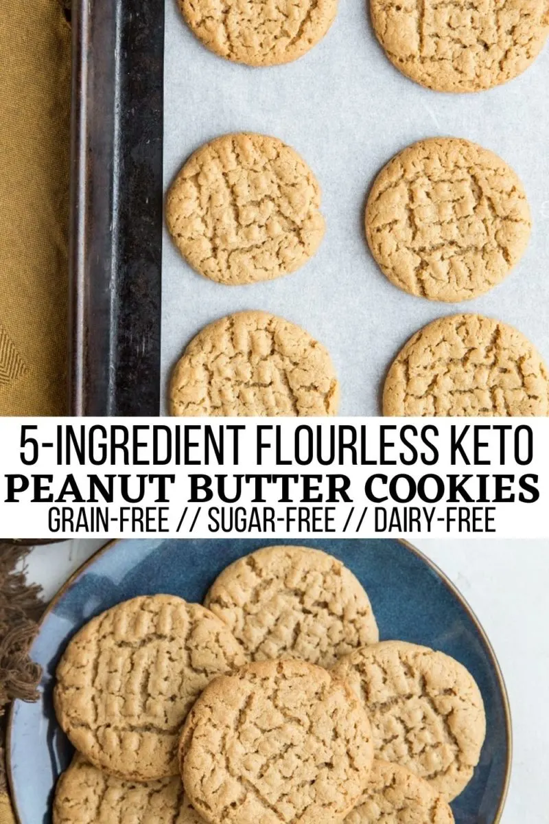 5-Ingredient Flourless Keto Peanut Butter Cookies - grain-free, dairy-free, sugar-free peanut butter cookies that are easy to make and low-carb!