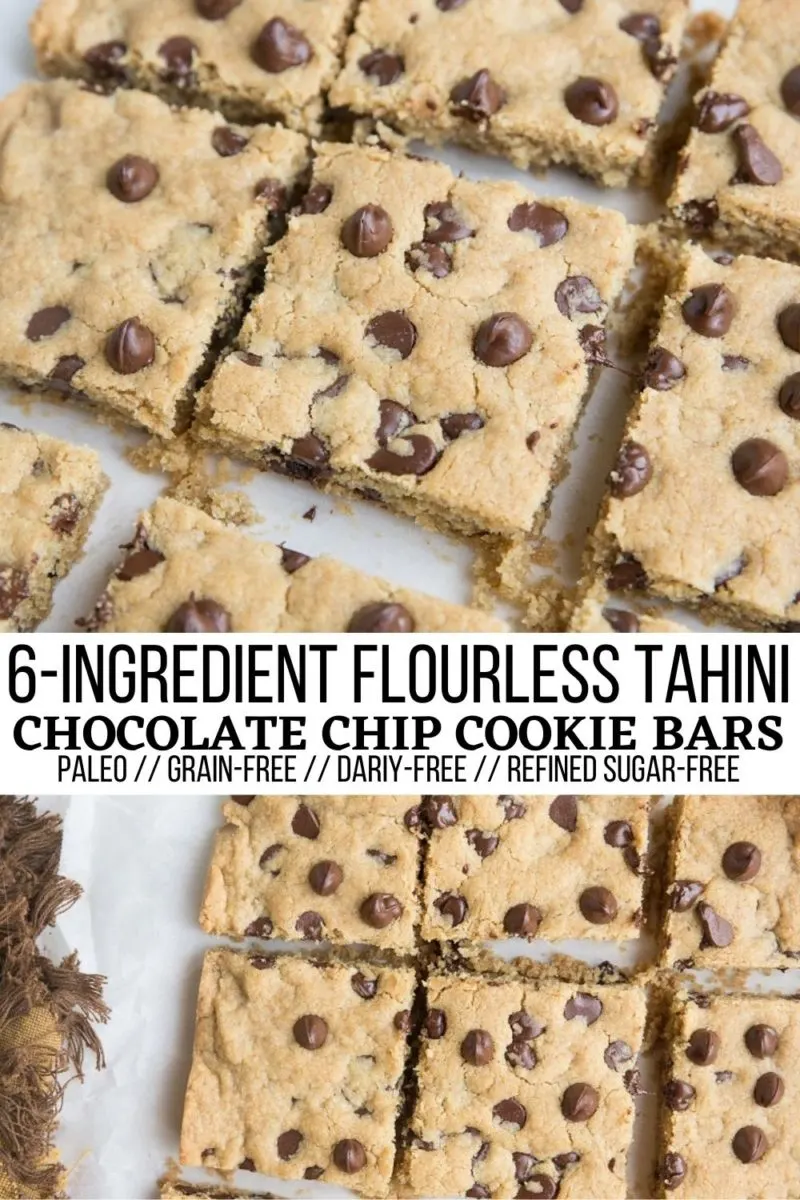 6-Ingredient Flourless TAHINI Chocolate Chip Cookie Bars - delicious cookie bars made with tahini (or your favorite nut/seed butter). Easy to make, grain-free, refined sugar-free, and dairy-free for a fun, healthier treat.