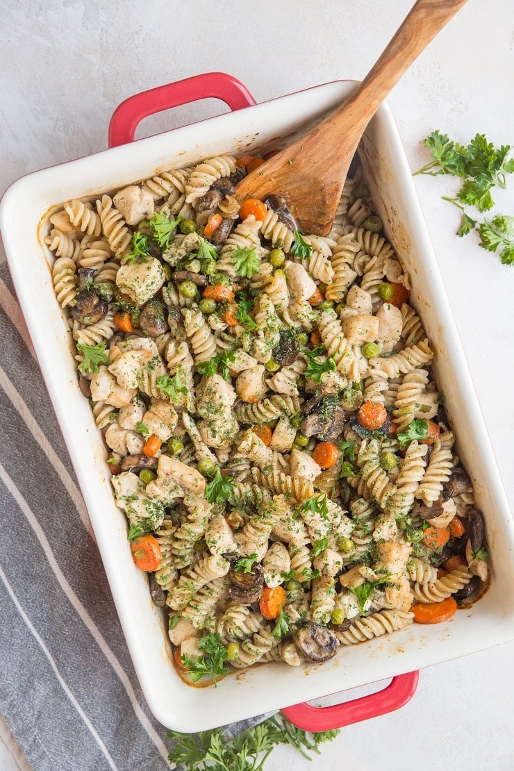 Dairy-Free Gluten-Free Creamy Chicken Noodle Casserole is a delicious, comforting, healthy dinner recipe perfect for the whole family.