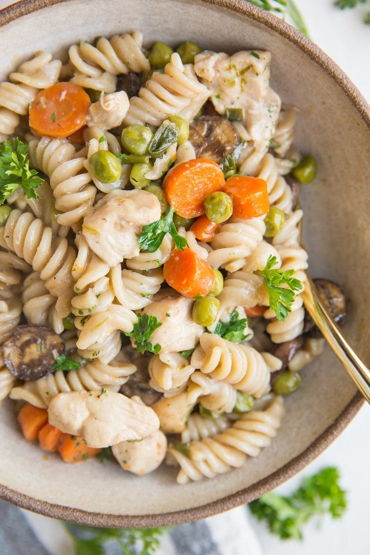 Gluten-Free Dairy-Free Creamy Chicken Noodle Casserole is a comforting and healthy dinner recipe loaded with protein and complex carbs.