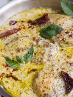 Creamy Pesto Chicken (dairy-free, Paleo, whole30, keto) - an easy and delicious creamy pesto chicken dish to keep your chicken flame burning strong! Serve it with your favorite side dishes for a healthy meal.