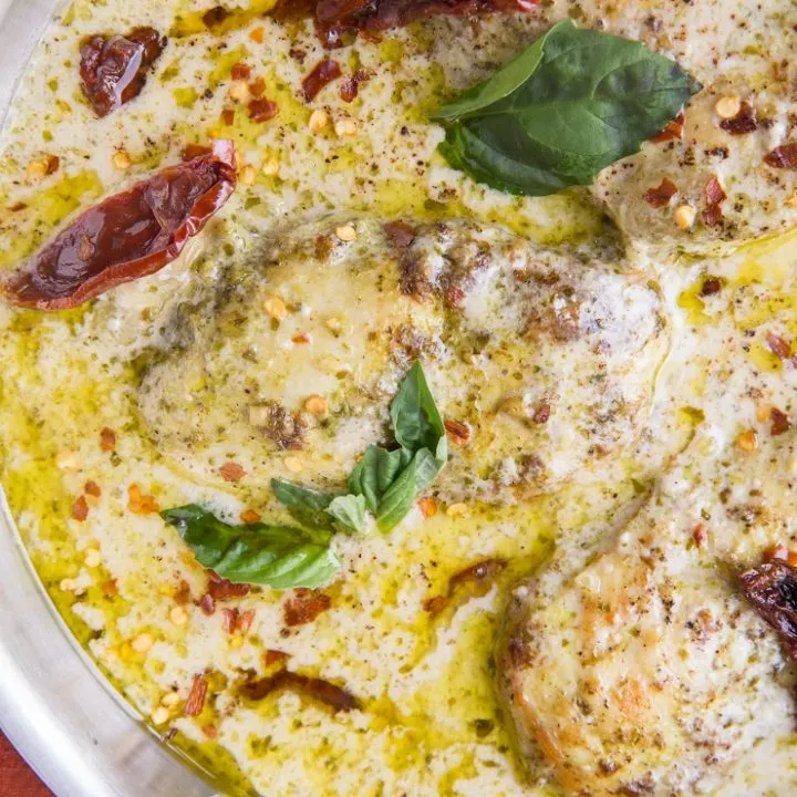 Paleo Creamy Pesto Chicken with Sun-Dried Tomatoes - an easy healthy dinner recipe that is dairy-free, gluten-free, keto, and whole30