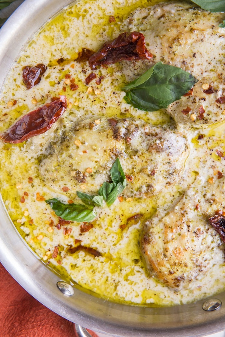 Paleo Creamy Pesto Chicken with Sun-Dried Tomatoes - an easy healthy dinner recipe that is dairy-free, gluten-free, keto, and whole30