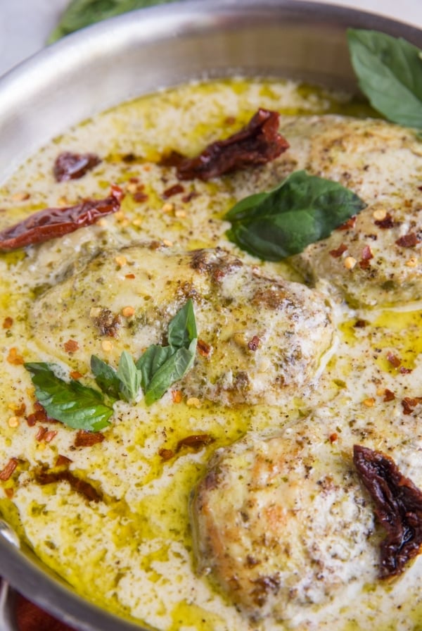 Creamy Pesto Chicken (dairy-free, Paleo, whole30, keto) - an easy and delicious creamy pesto chicken dish to keep your chicken flame burning strong! Serve it with your favorite side dishes for a healthy meal.