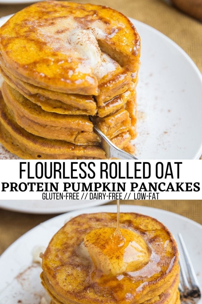 Flourless Rolled Oat Protein Pumpkin Pancakes - gluten-free, dairy-free, high in protein and complex carbs and low in fat. A delicious, healthy pancake recipe