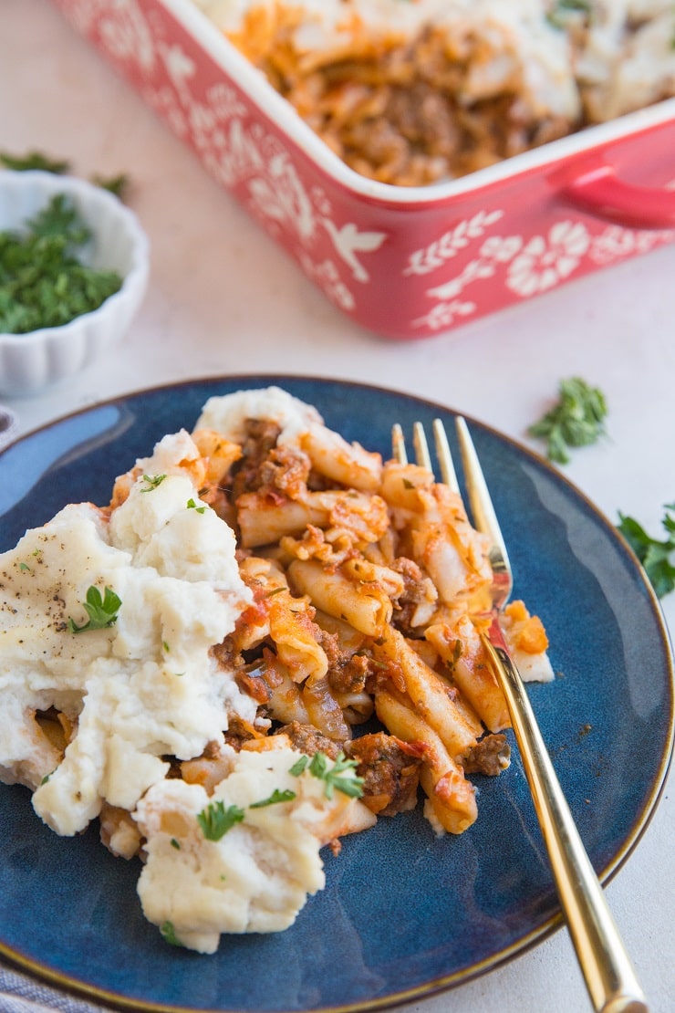 Gluten-Free Baked Ziti with creamy dairy-free cauliflower sauce instead of cheese. A healthier pasta recipe!