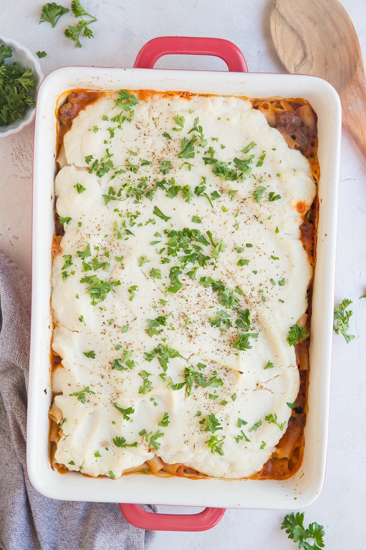 Dairy-Free Gluten-Free Baked Ziti Pasta with cauliflower sauce instead of cheese