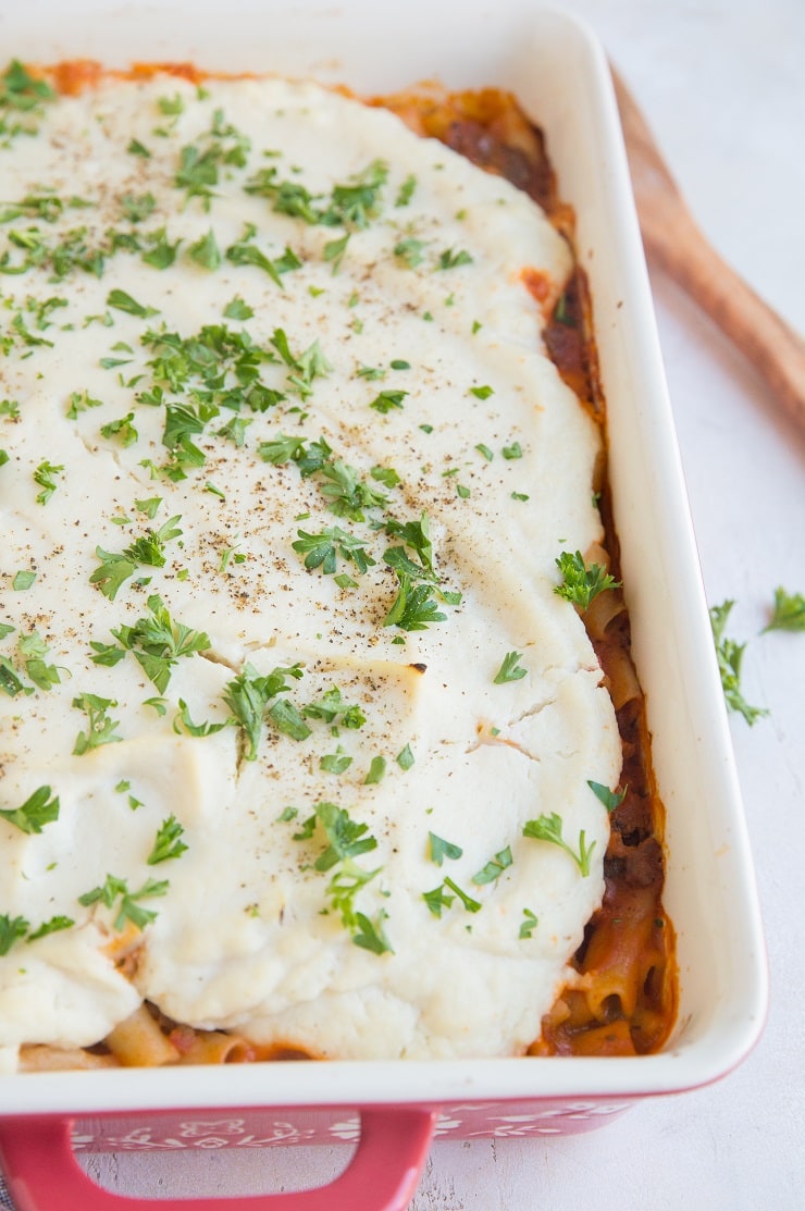 Gluten-Free Dairy-Free Baked Ziti with creamy cauliflower sauce. A healthier take on classic baked ziti