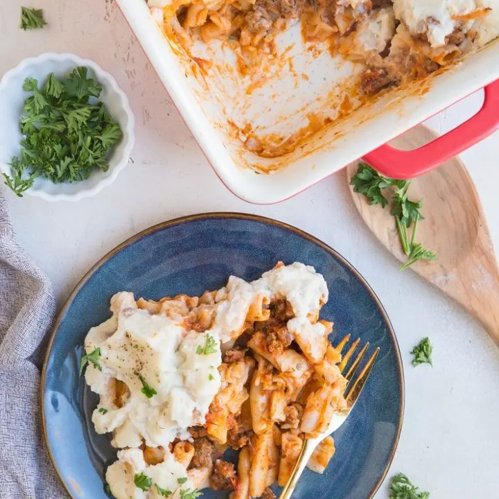 Baked Ziti Recipe made dairy-free and gluten-free using gluten-free noodles and cauliflower sauce instead of cheese. A healthy, comforting casserole recipe