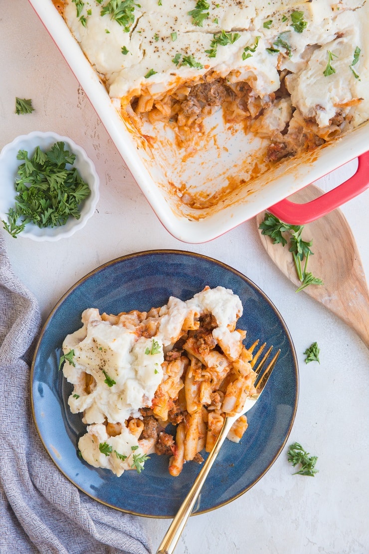 Baked Ziti Recipe made dairy-free and gluten-free using gluten-free noodles and cauliflower sauce instead of cheese. A healthy, comforting casserole recipe