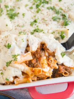 Dairy-Free Gluten-Free Baked Ziti Pasta with ground beef, red sauce and creamy cauliflower sauce instead of cheese