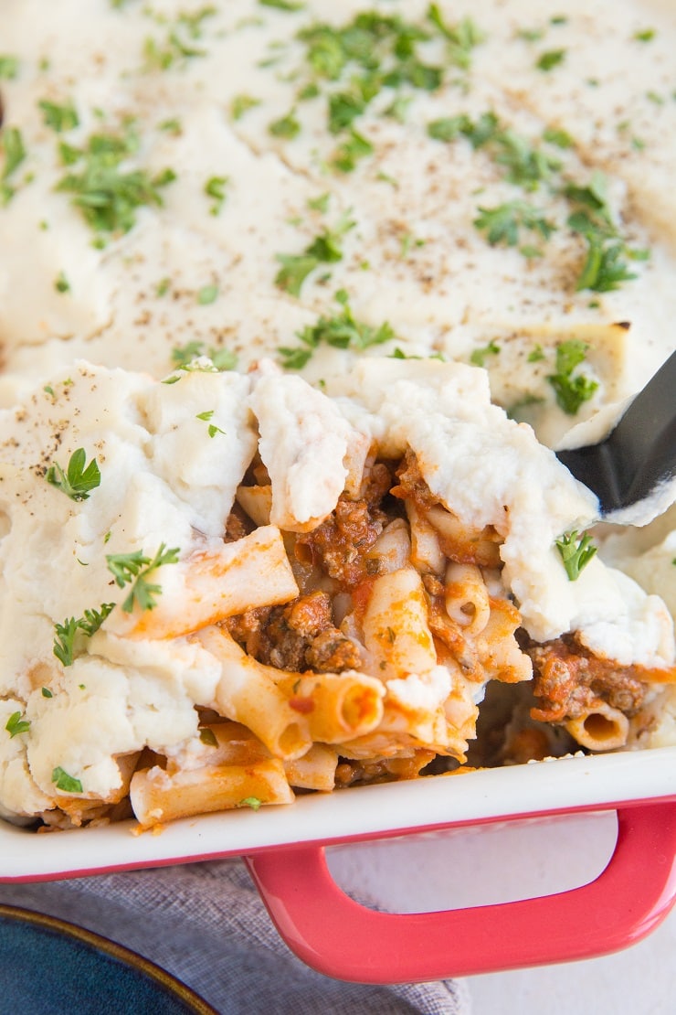 Dairy-Free Gluten-Free Baked Ziti Pasta with ground beef, red sauce and creamy cauliflower sauce instead of cheese